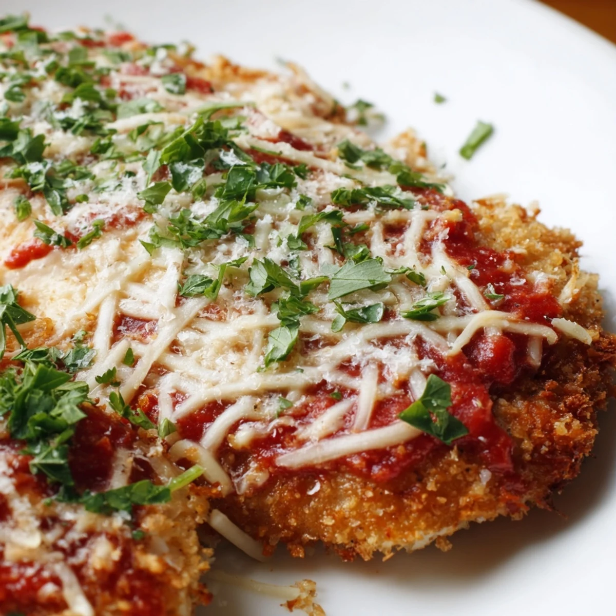 A close-up of crispy fried Chicken Parmigiana, topped with bubbling cheese and vibrant marinara sauce, served beside spaghetti.