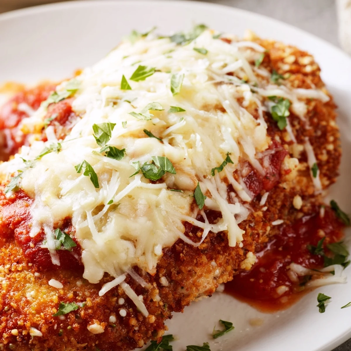 Golden-brown breaded Chicken Parmigiana with melted mozzarella and rich tomato sauce on a white plate, garnished with fresh basil.