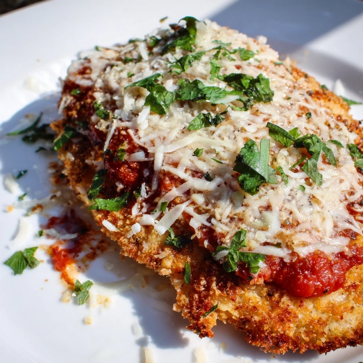 Hearty Italian-American Chicken Parmigiana baked with tomato sauce and parmesan, ready to serve with a side of garlic bread.
