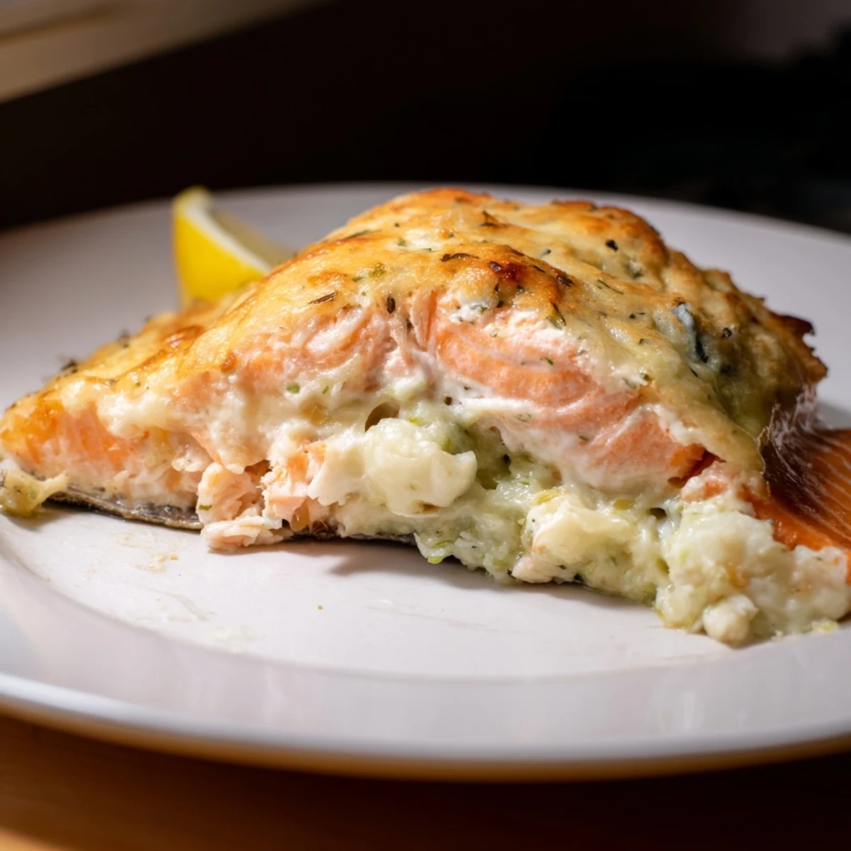 Golden-baked Crab & Shrimp Stuffed Salmon fillets on a white plate with lemon wedges and parsley garnish, a creamy seafood filling peeking out from the tender pink fish.