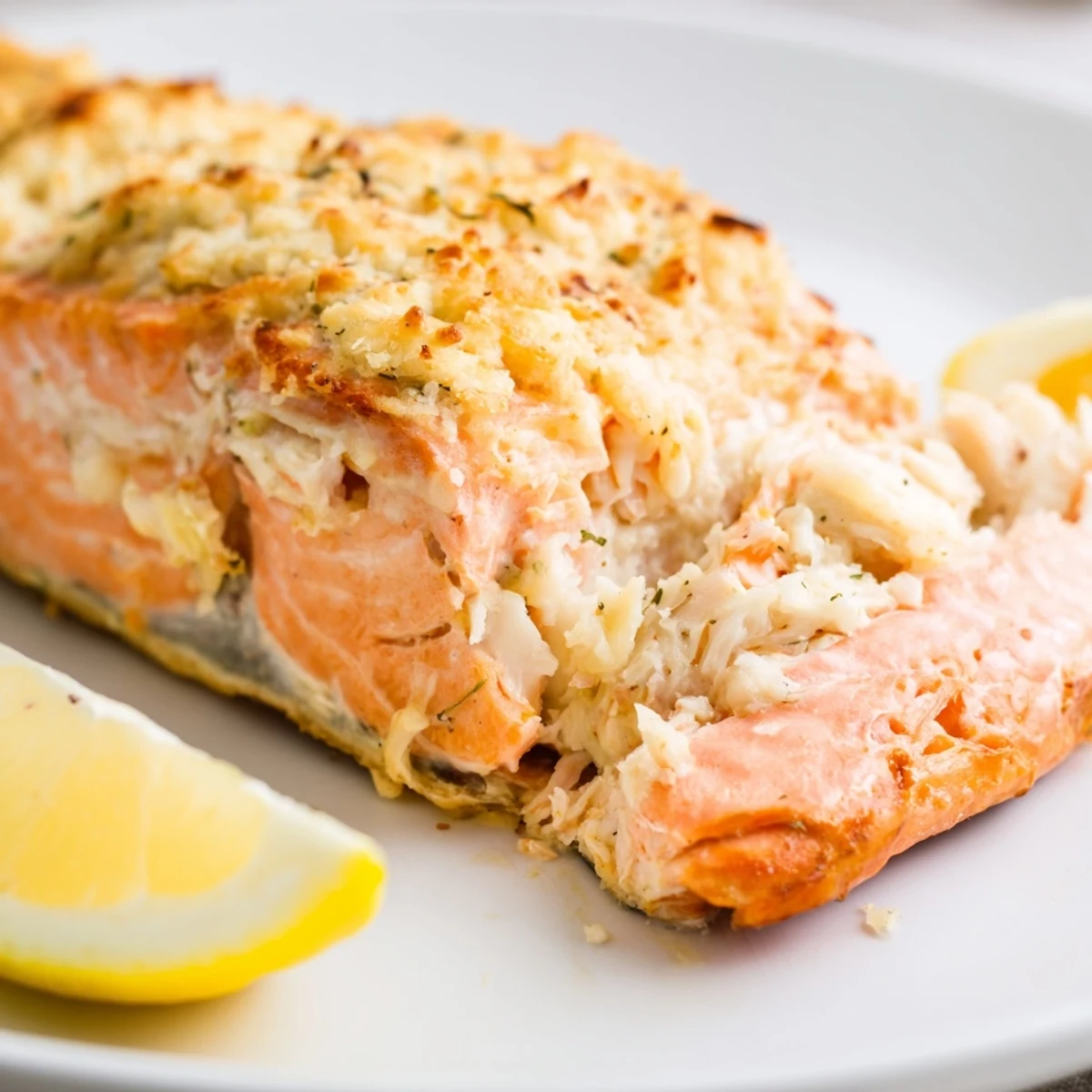 Savory Crab & Shrimp Stuffed Salmon ready to serve, paired with roasted asparagus and rice pilaf for an elegant low-carb main dish dinner.