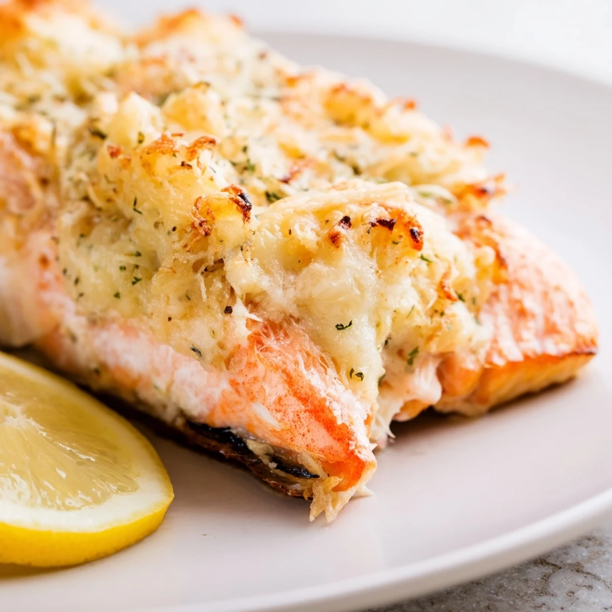 Freshly prepared Crab & Shrimp Stuffed Salmon hot from the oven, showcasing a golden Parmesan topping and succulent lump crab meat filling.