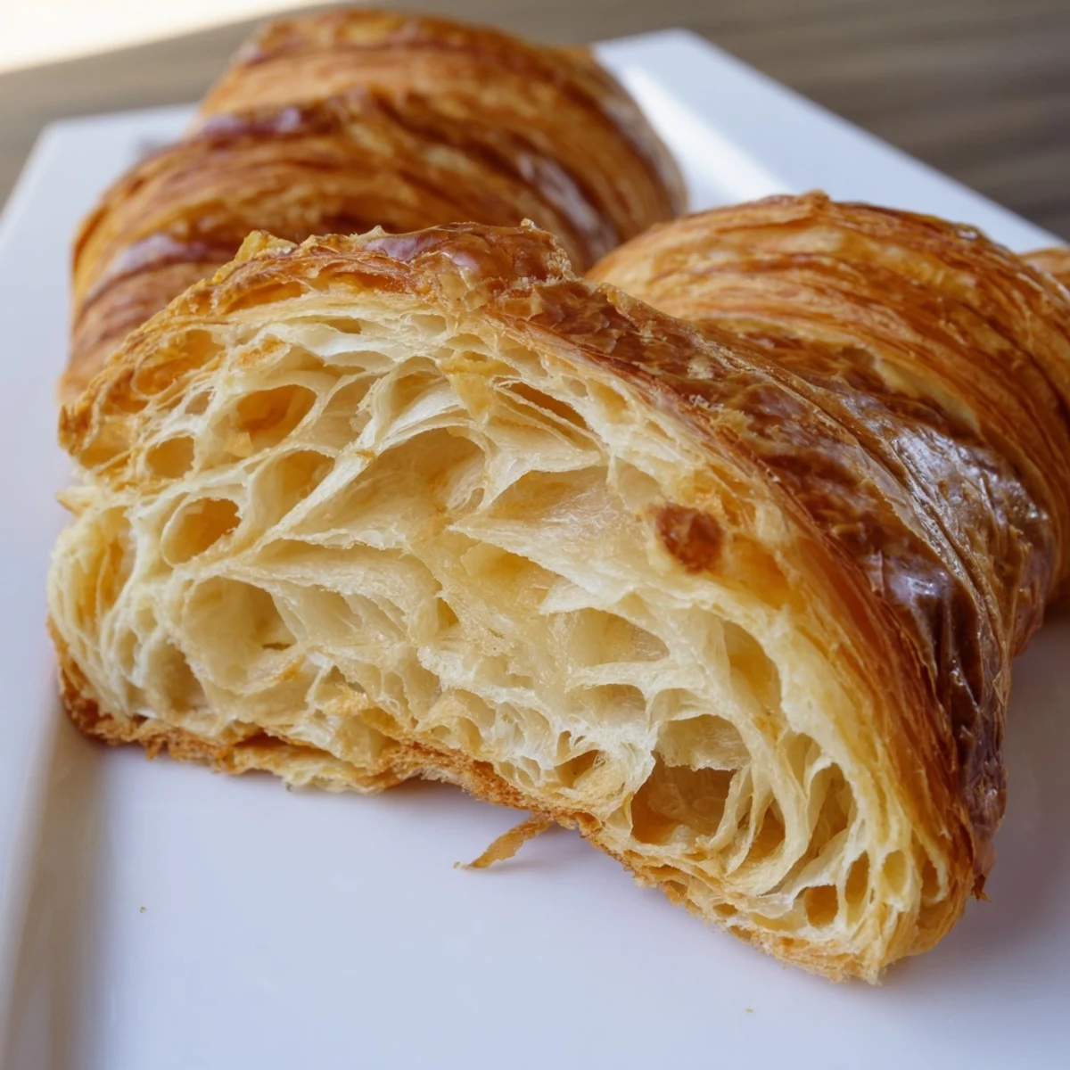 Golden-brown, flaky gluten-free croissants fresh from the oven, arranged on a wire cooling rack.  