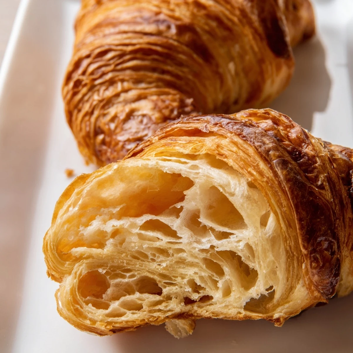 Gluten-free croissants with a golden crust, resting on a wooden board ready for breakfast.  