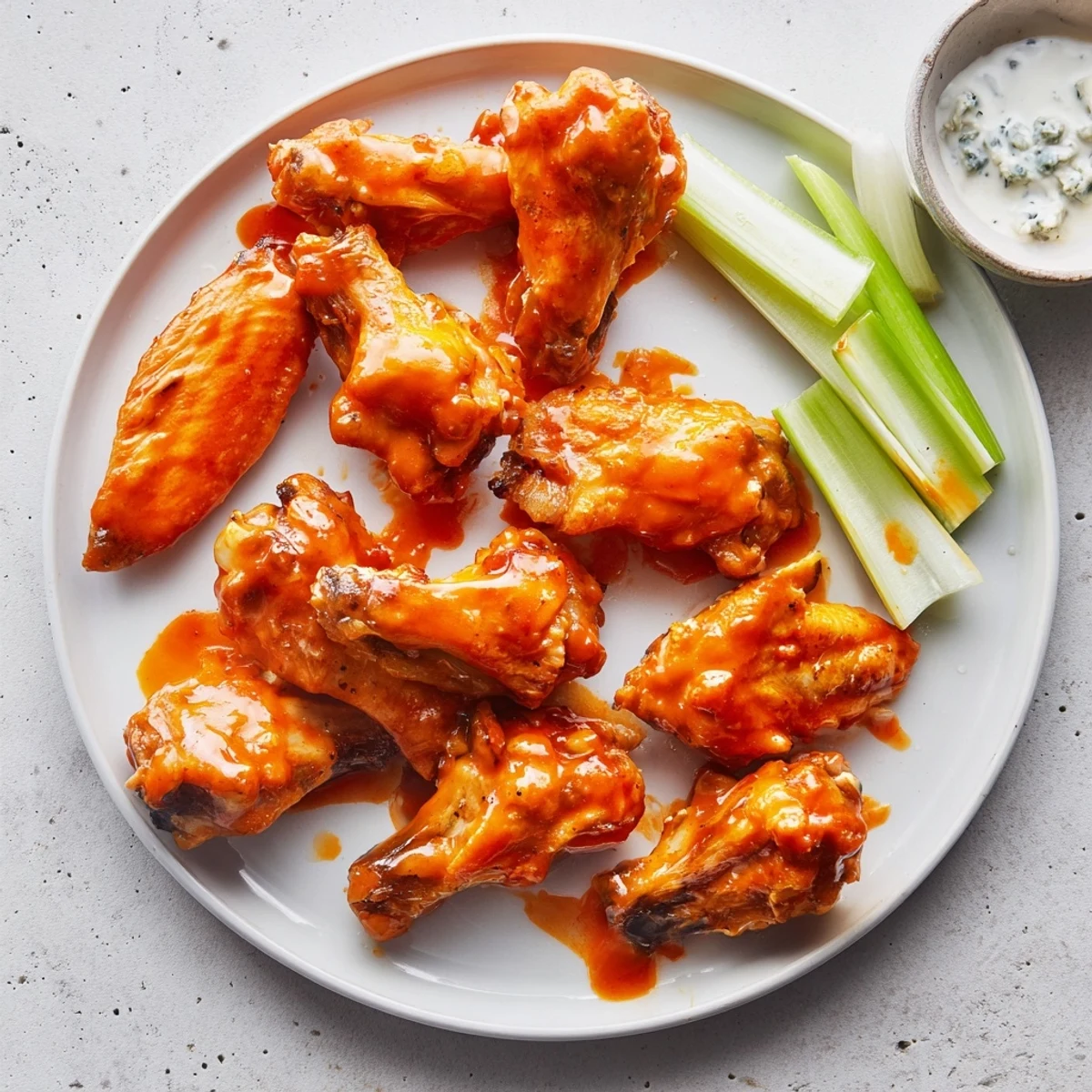 Golden brown Crispy Smoked Buffalo Wings glistening with tangy red sauce, served with crisp celery sticks and ranch dressing.