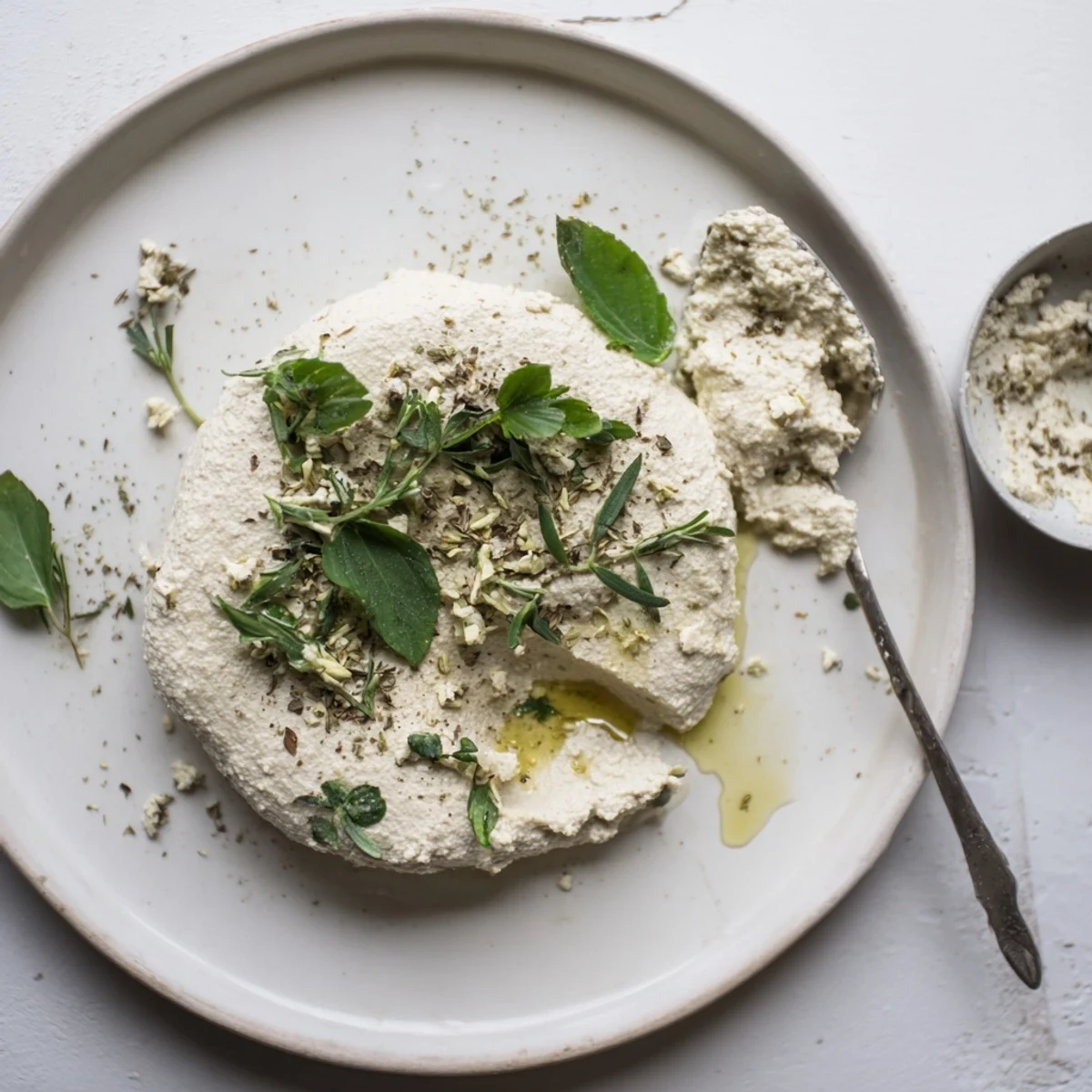 Creamy Tofu Ricotta spread on toast with fresh basil garnish