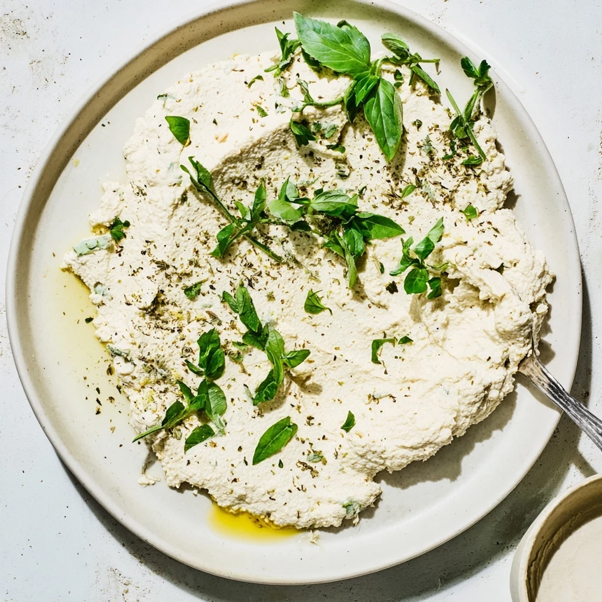 Dairy-free Tofu Ricotta in a white bowl with lemon wedges