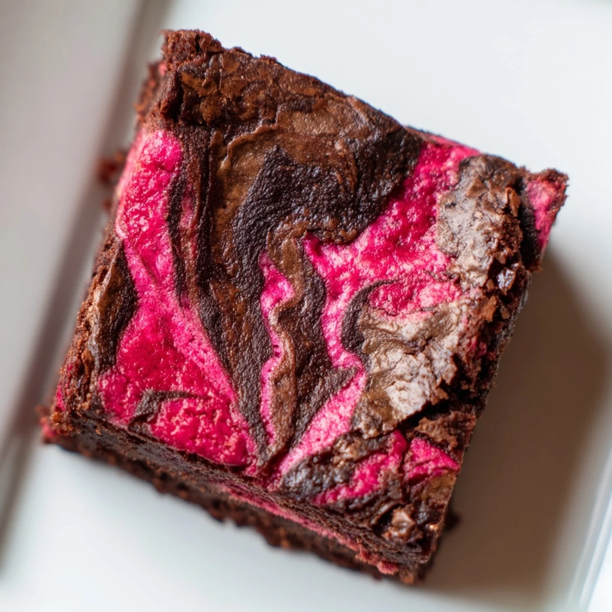 Gooey Raspberry Swirl Brownies are cut into squares showing glossy chocolate and pink berry swirls.