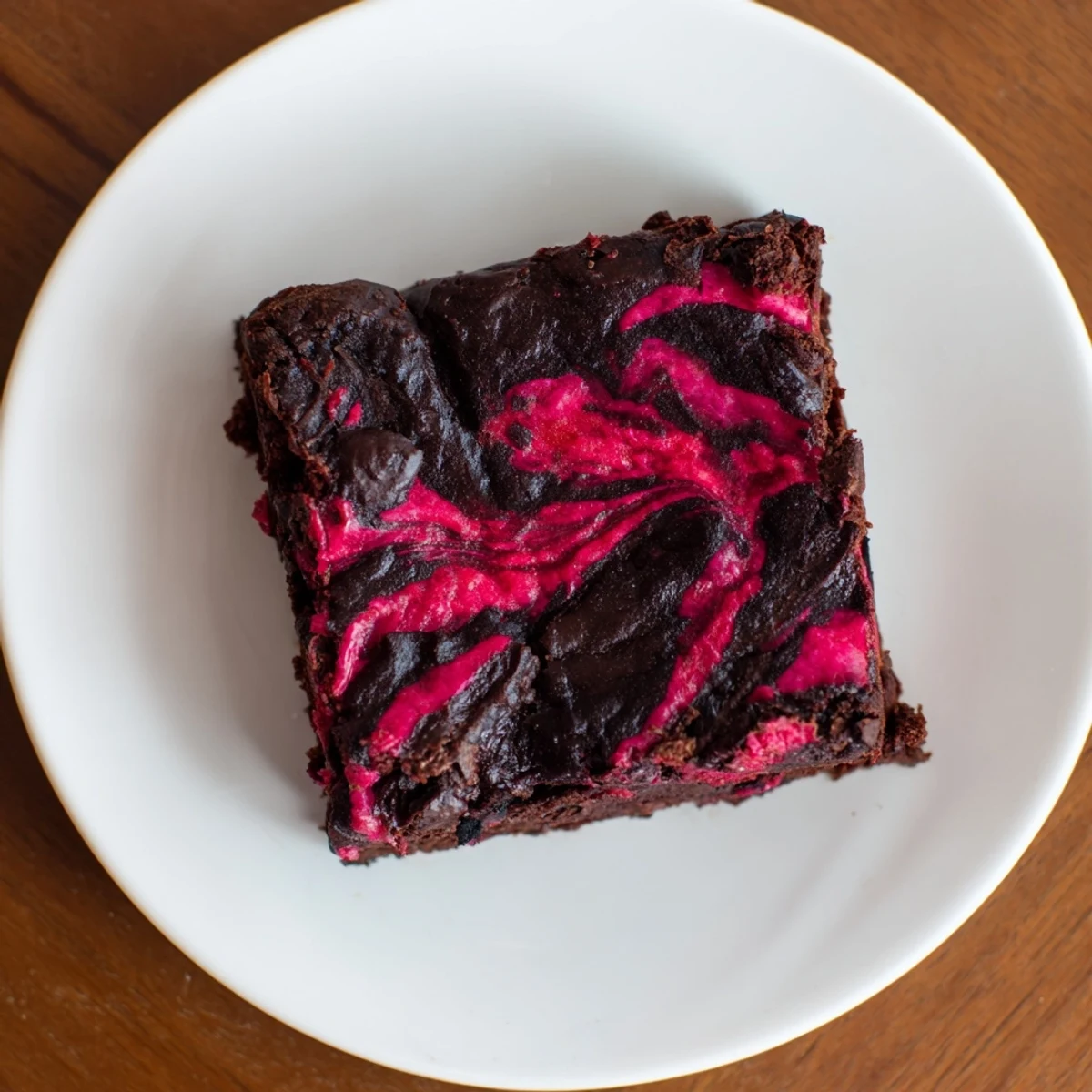 A close-up of Raspberry Swirl Brownies highlights moist fudgy texture and tangy raspberry puree ribbons.