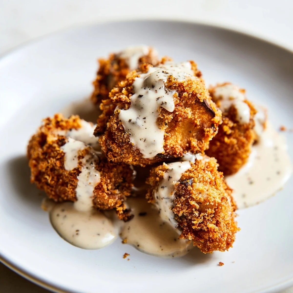 Crispy, golden Chicken Fried Mushrooms with Gravy resting on a plate beside fluffy mashed potatoes.