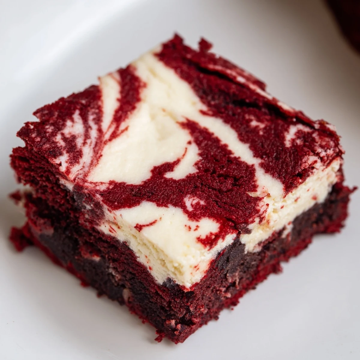 Brightly colored Red Velvet Cheesecake Brownies with rich cream cheese swirls and fudgy edges on a plate.