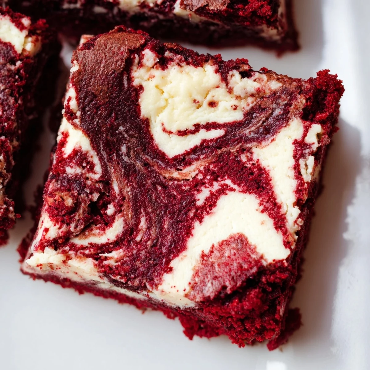 Decadent Red Velvet Cheesecake Brownies cut into squares, revealing layers of red cocoa and creamy cheesecake.