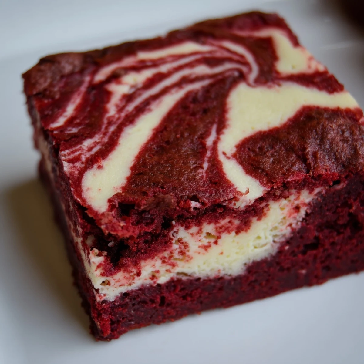 Freshly baked Red Velvet Cheesecake Brownies served on a wooden board with a glass of cold milk.