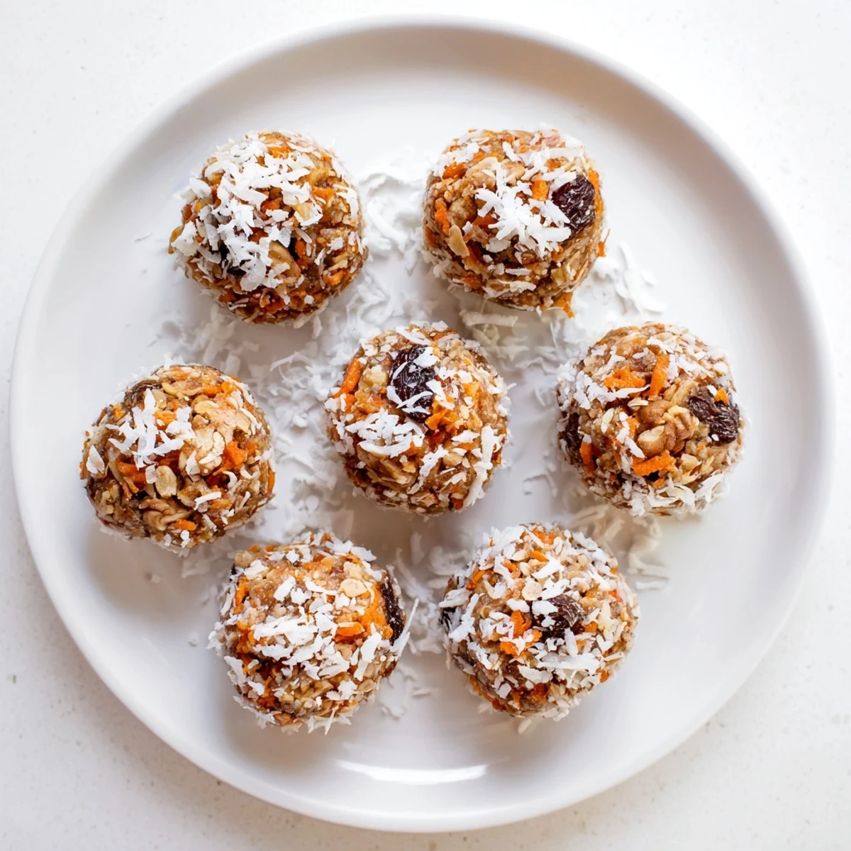 A close-up of No Bake Carrot Cake Bites arranged on a marble plate, showing rolled oats and shredded coconut texture.