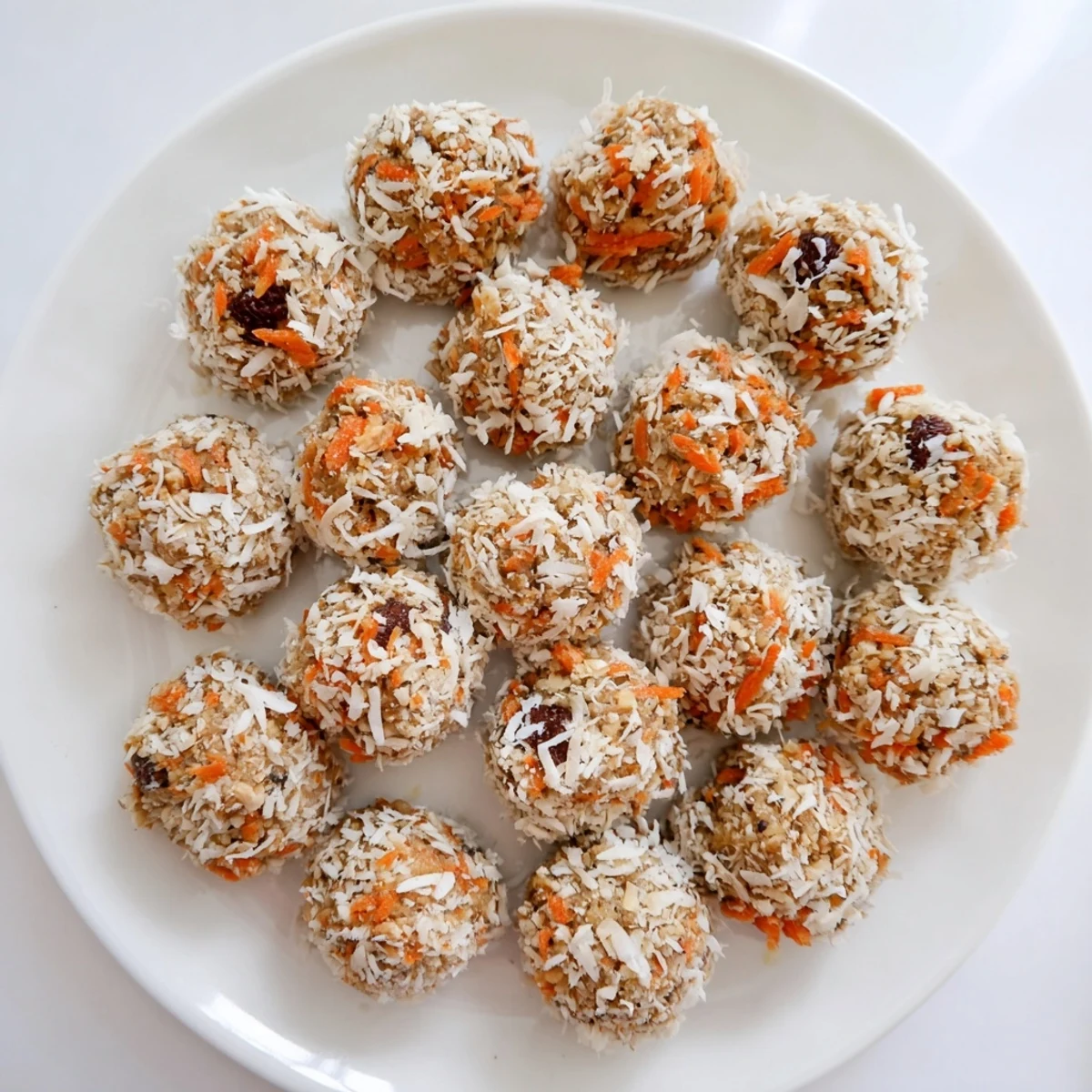 No Bake Carrot Cake Bites stacked on a rustic wooden board, with fresh grated carrots and walnuts nearby.