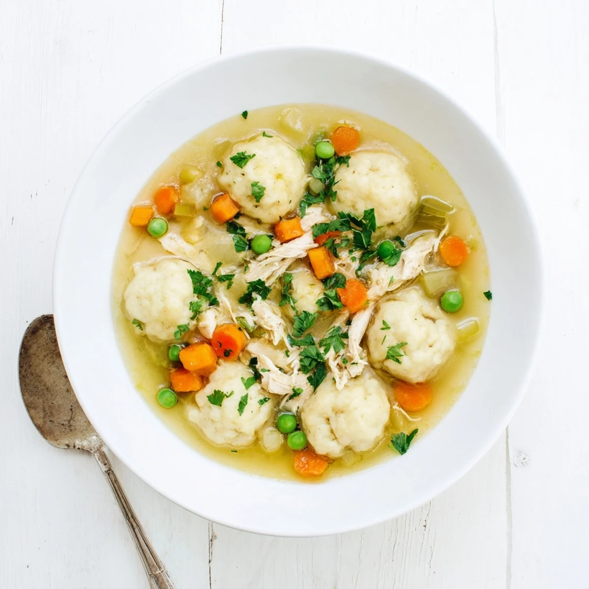 A steaming bowl of One Pot Chicken Dumpling Soup features tender chicken and fluffy dumplings in a rich broth with carrots and peas.