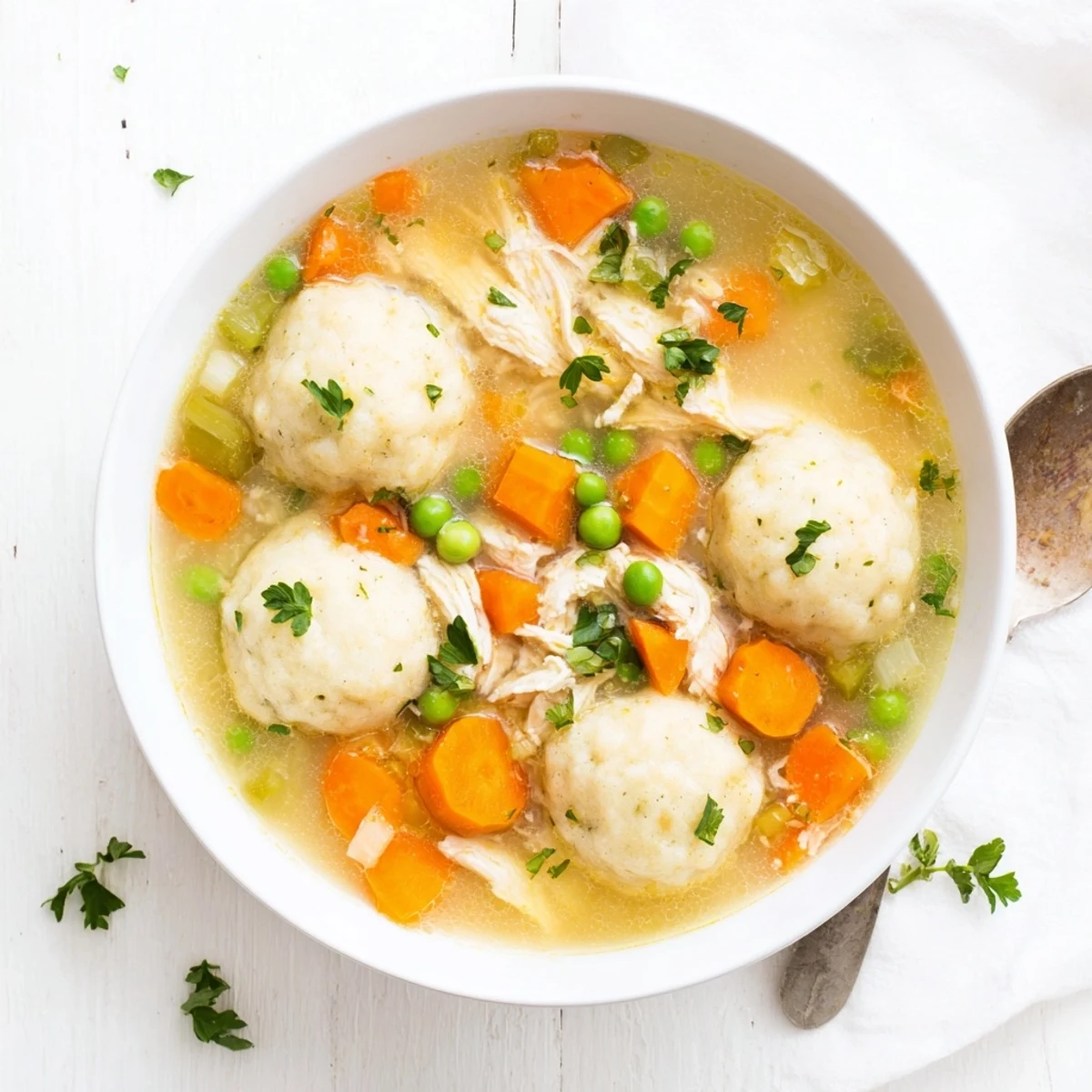 In this One Pot Chicken Dumpling Soup, vegetables simmer in chicken broth while fluffy dumplings puff over tender chicken pieces and peas.