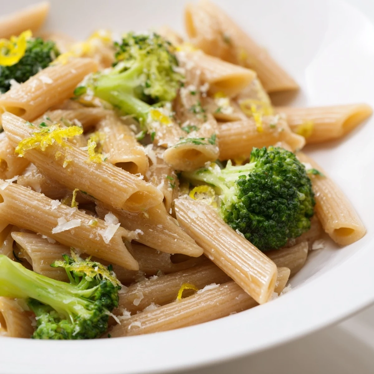 A close-up of Easy Healthy Broccoli Pasta, featuring whole wheat penne with bright green broccoli florets, garlic, and a light olive oil sauce.
