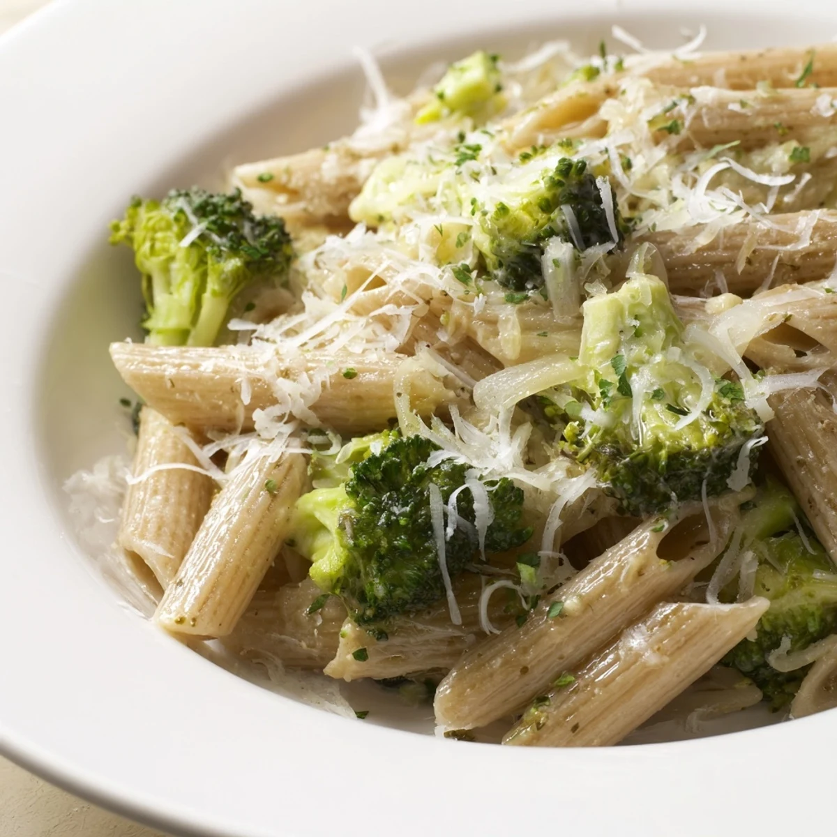 In a white bowl, Easy Healthy Broccoli Pasta is garnished with fresh parsley and grated Parmesan, steam rising from the warm, tender noodles.