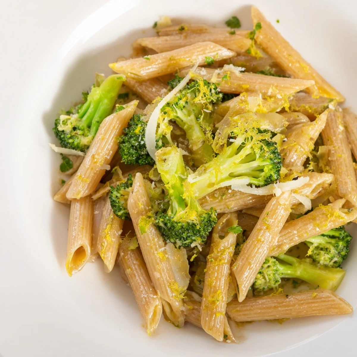 Overhead view of a healthy vegetarian pasta dish with broccoli and lemon, served on a rustic wooden table with a side fork.