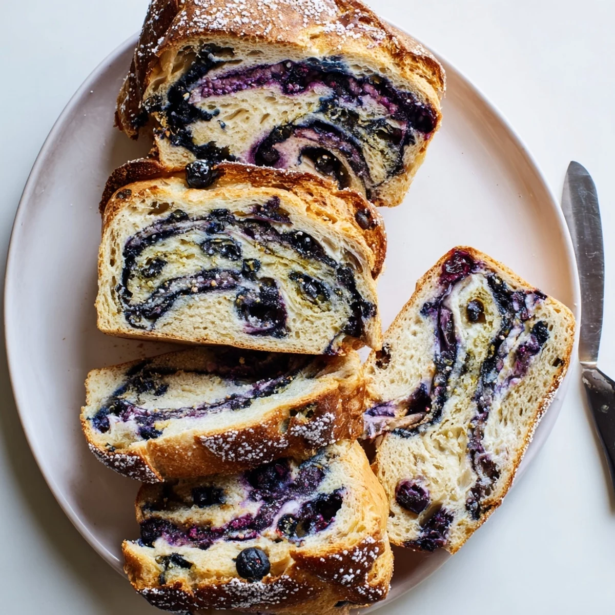 A slice of Blueberry Lemon Cream Cheese Sourdough with creamy swirls and berries on a rustic plate.