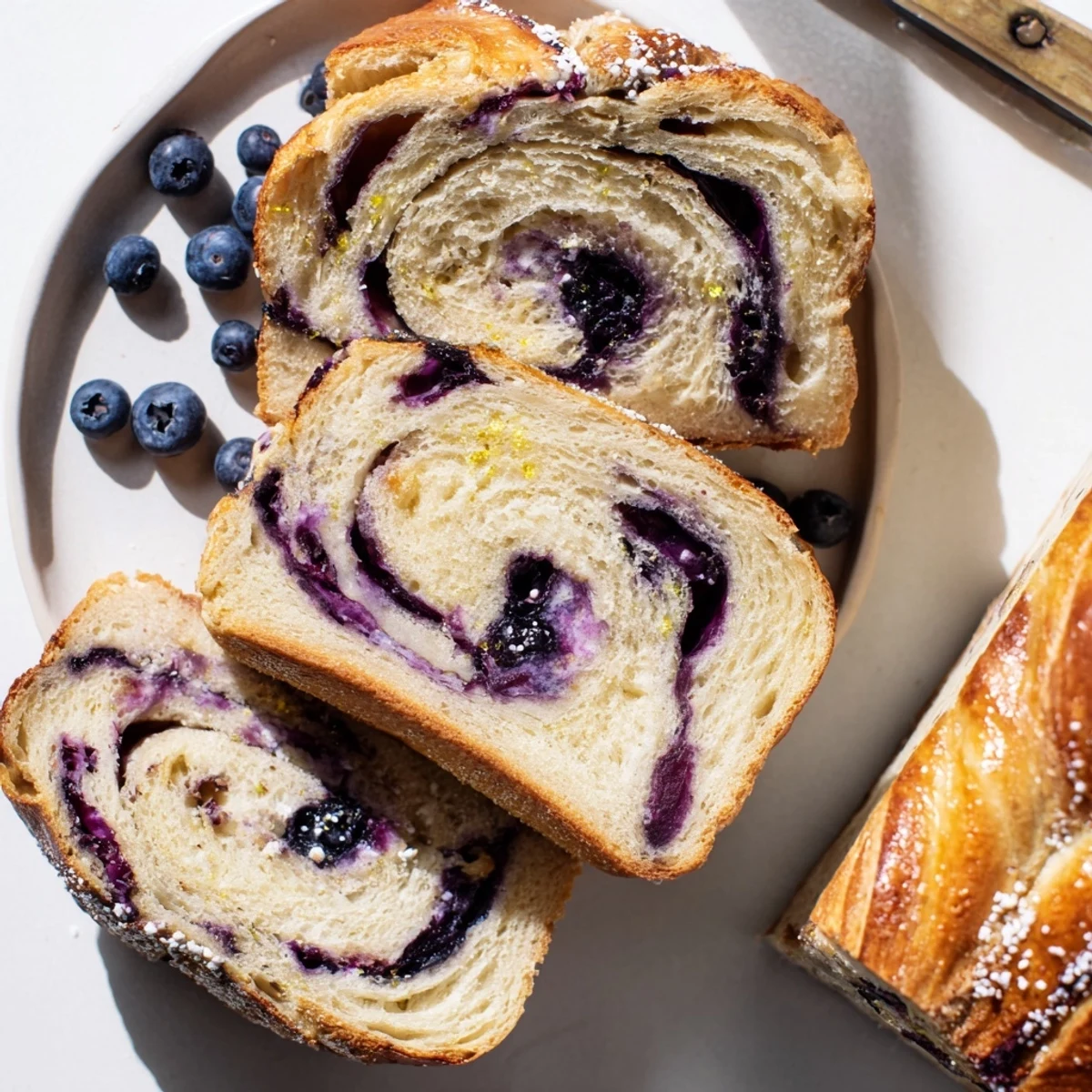 Golden crusted Blueberry Lemon Cream Cheese Sourdough bread cooling on a wire rack for breakfast.