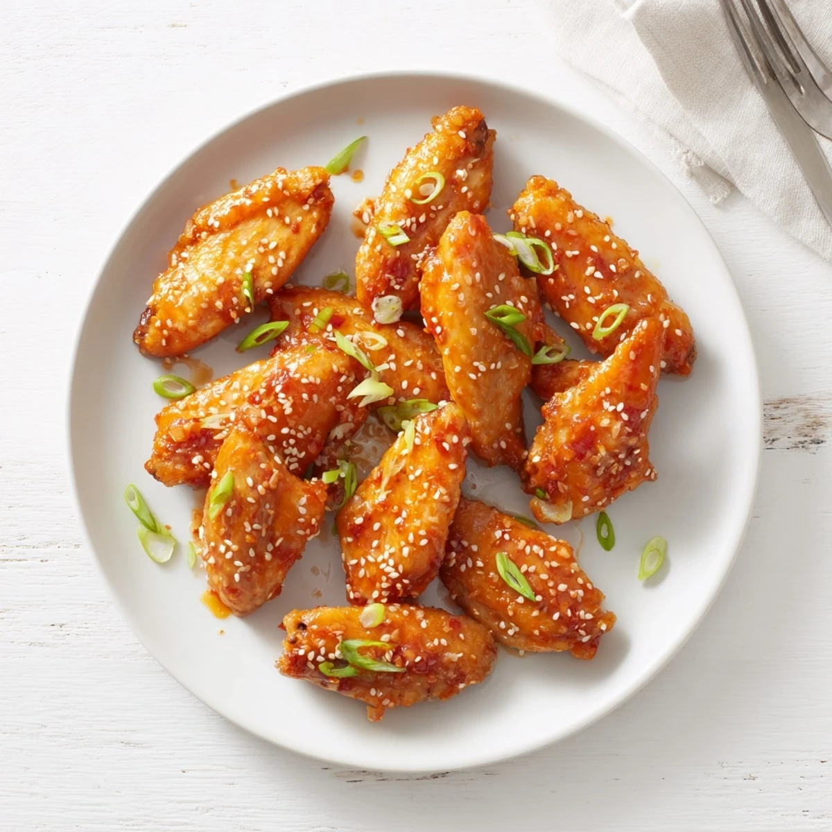 Golden-baked Sticky Orange Chicken Wings glistening with thick citrus glaze, garnished with sesame seeds and green onions on a rustic platter.