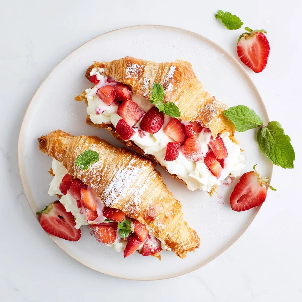 A freshly assembled Strawberry Cream Croissant, sliced open to reveal vanilla cream and diced strawberries on a plate.