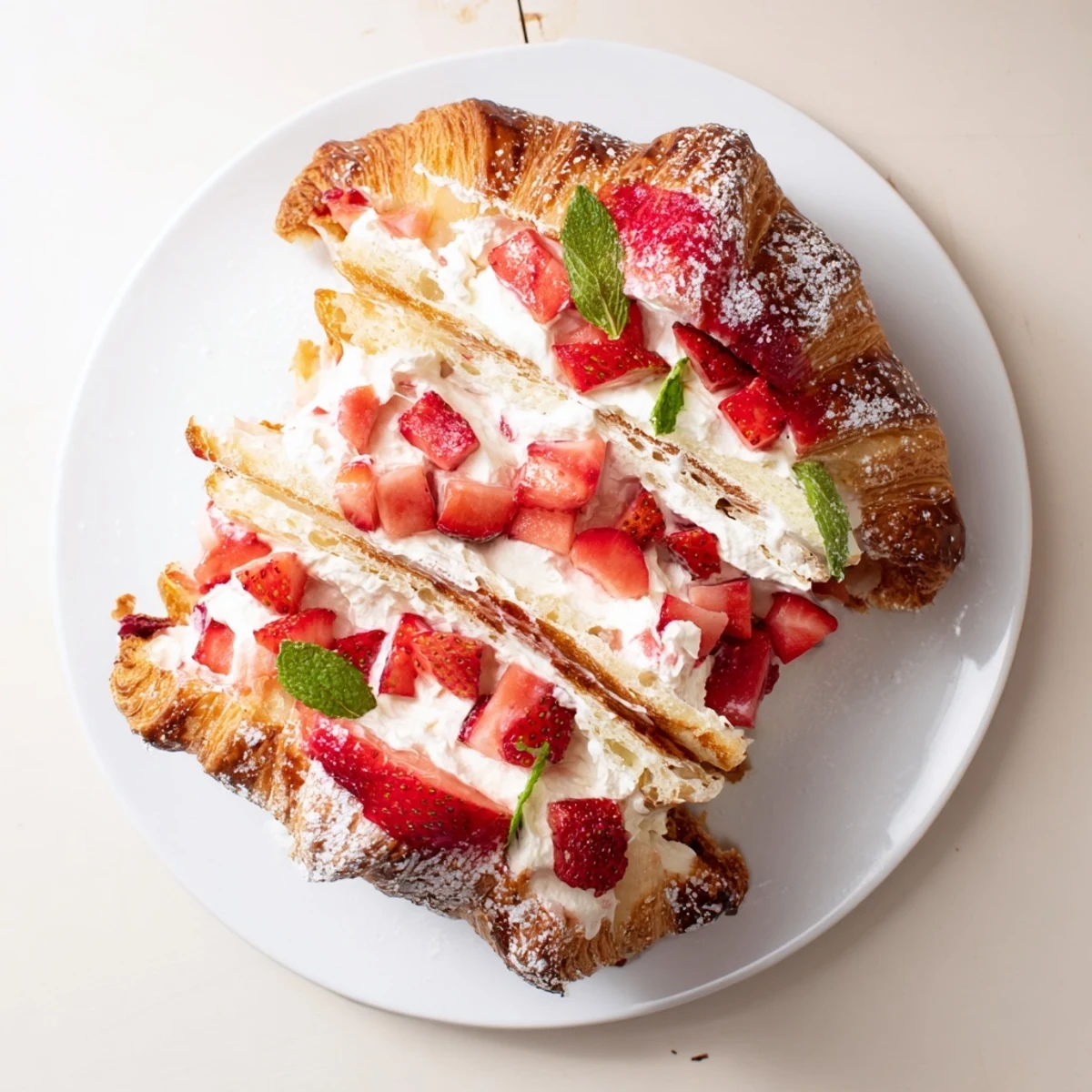 A close-up of a Strawberry Cream Croissant with a light powdered sugar dusting and fresh mint leaves beside it.