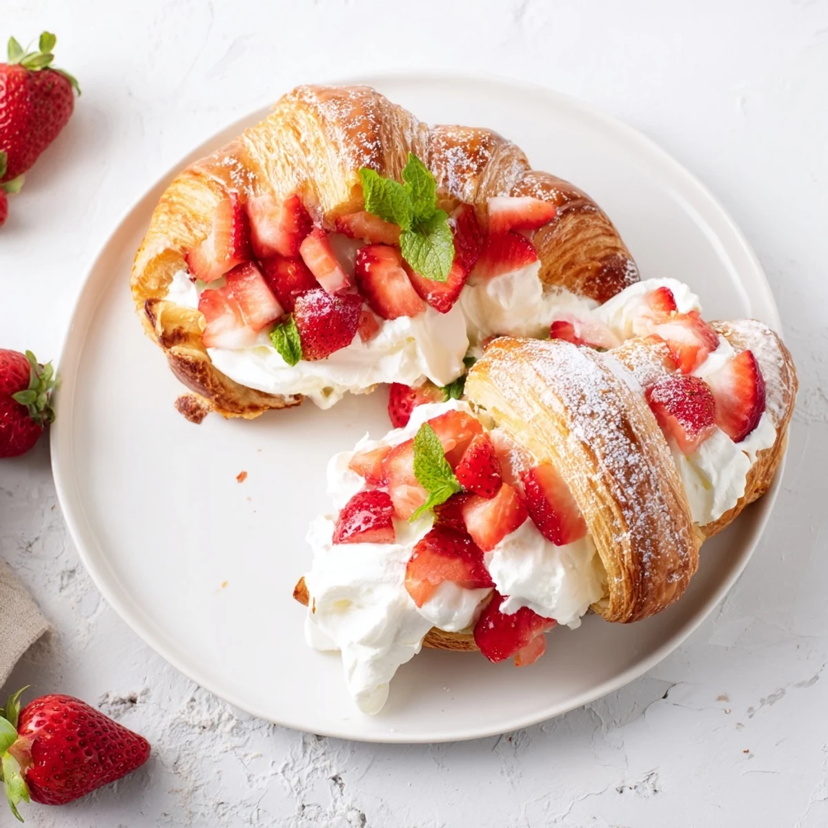 A delicious Strawberry Cream Croissant served on a white plate with sliced strawberries and a dusting of powdered sugar.