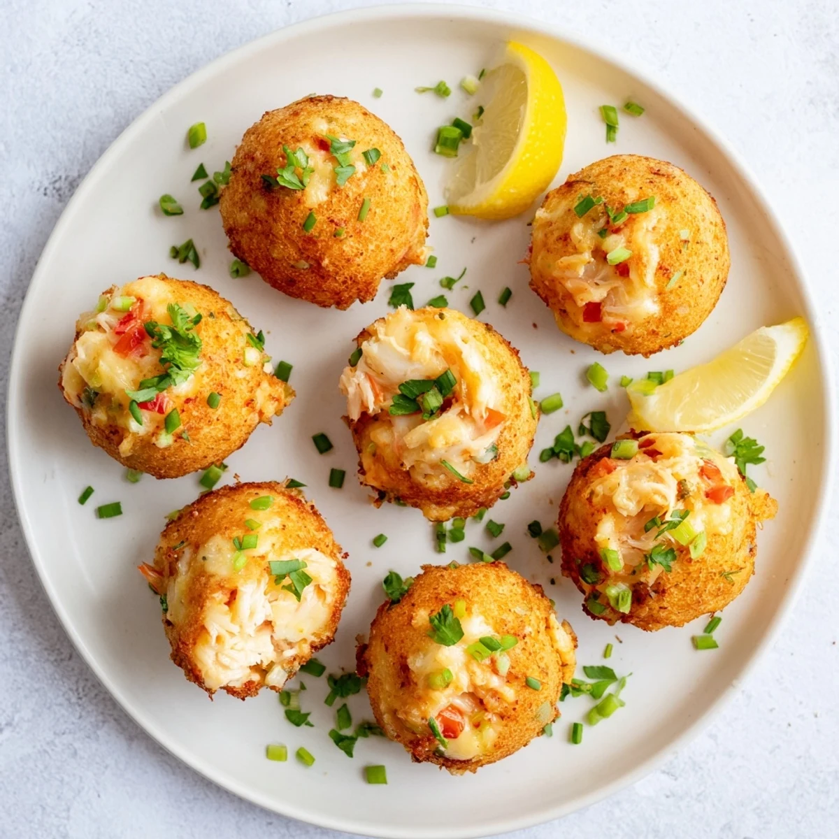 A close-up shows crispy Cheesy Seafood Tortilla Bombs filled with creamy shrimp and crab, garnished with fresh parsley.