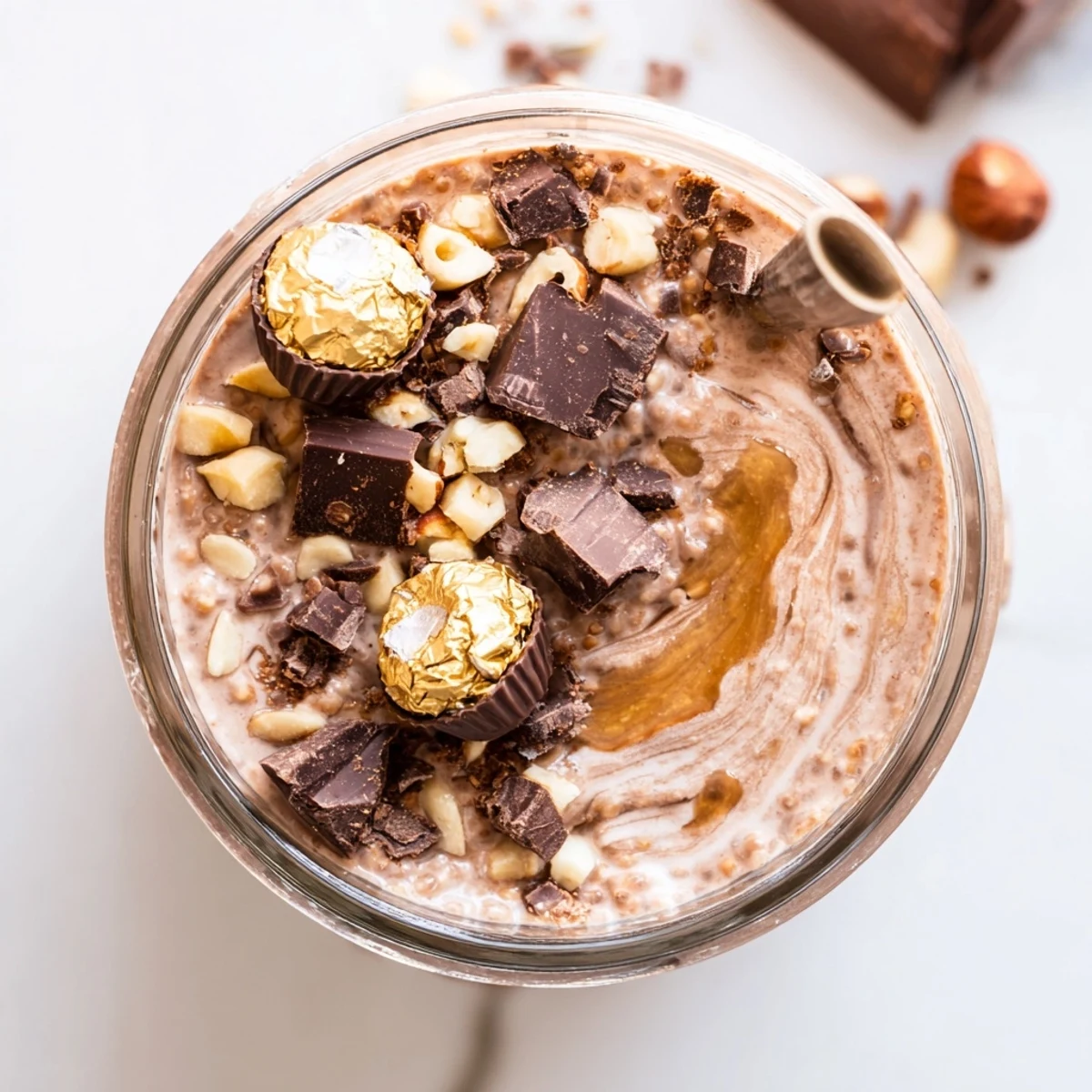 Thick, creamy Ferrero Rocher Protein Overnight Oats in a clear jar, topped with chopped hazelnuts and dark chocolate chunks.