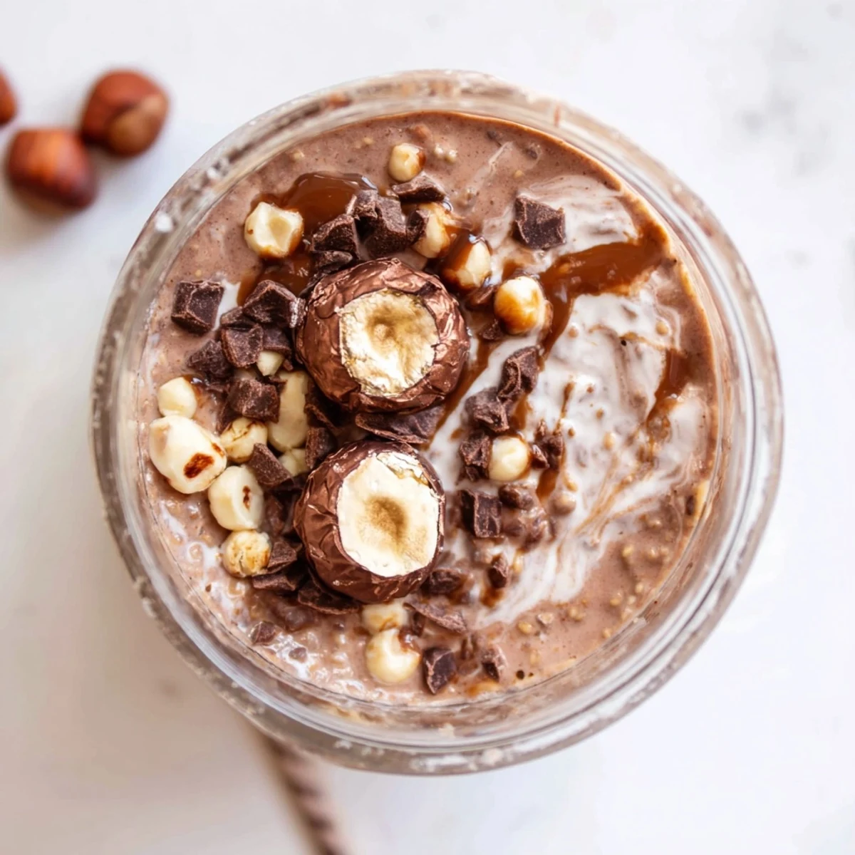 Spoon-ready Ferrero Rocher Protein Overnight Oats garnished with a halved Ferrero Rocher and a drizzle of hazelnut butter.