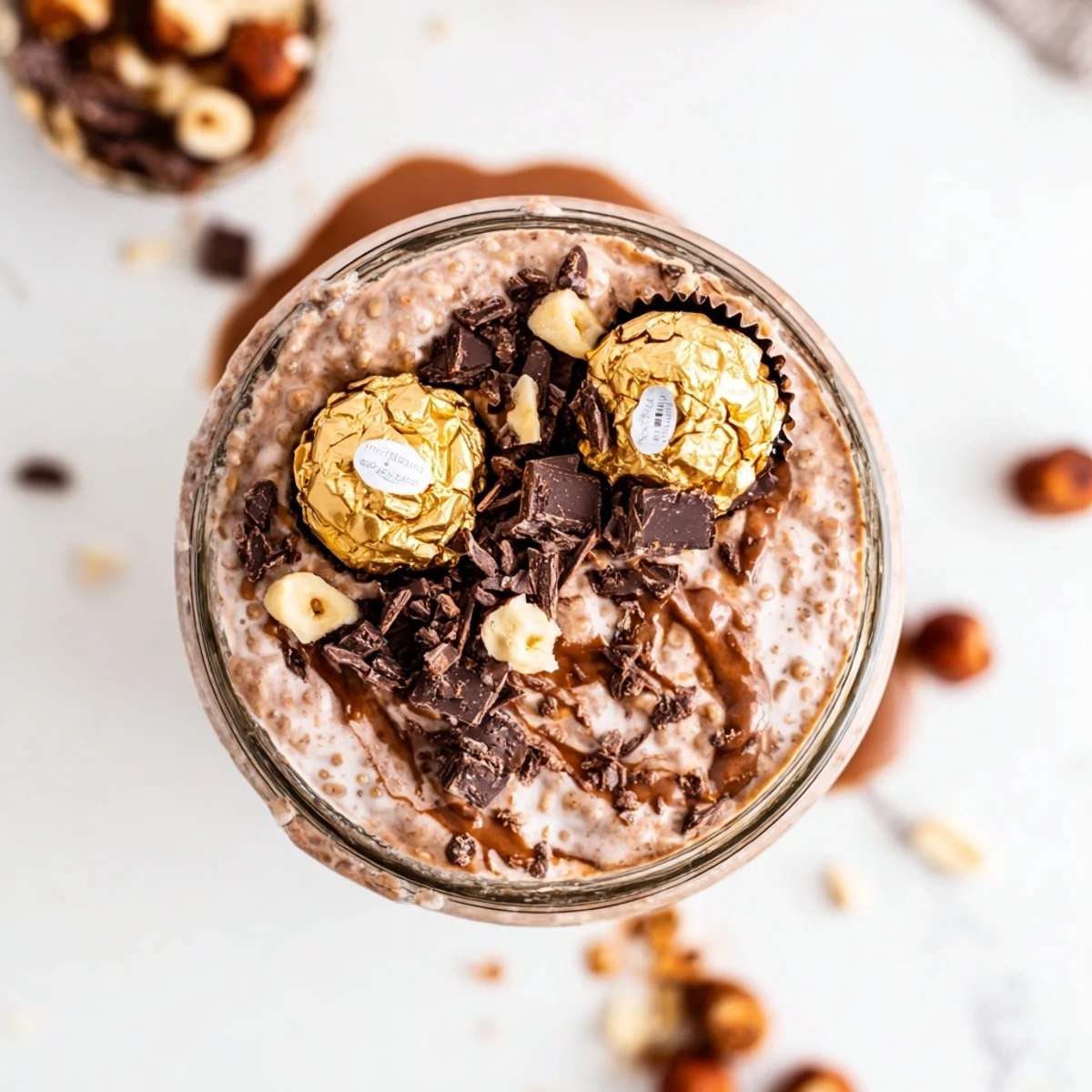Indulgent yet healthy Ferrero Rocher Protein Overnight Oats served chilled in a glass mason jar for a quick breakfast.