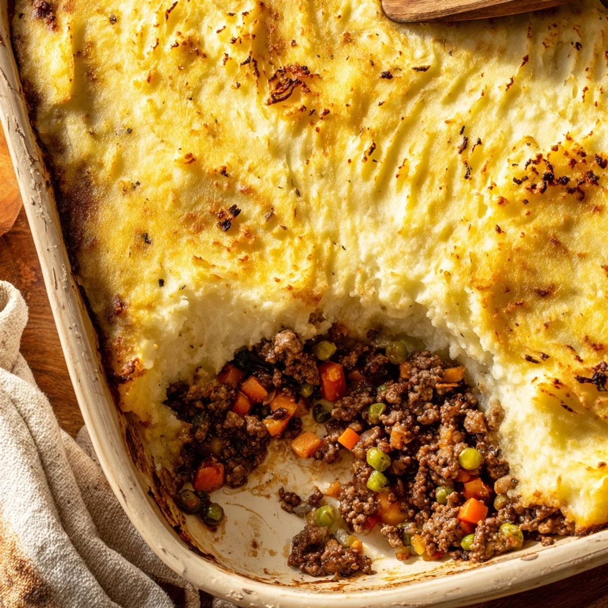 Steam rises from Shepherd’s Pie with creamy garlic mashed potatoes, garnished with fresh chives on a cozy dinner table setting.