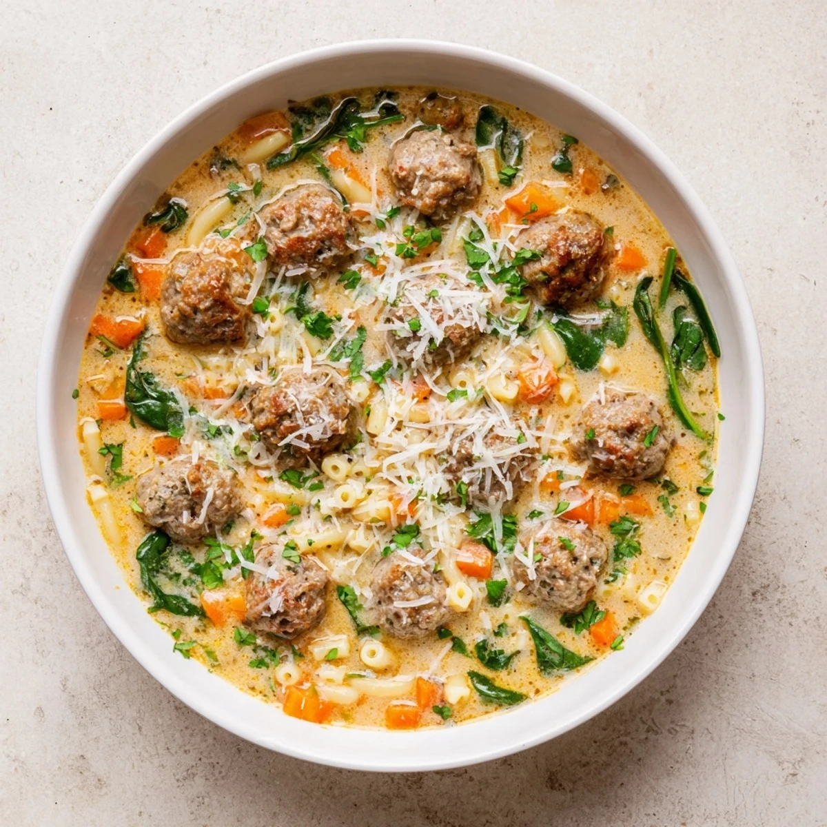 A close-up of Creamy Italian Meatball Soup in a white bowl, showcasing tender meatballs and wilted spinach in a rich, creamy tomato broth.