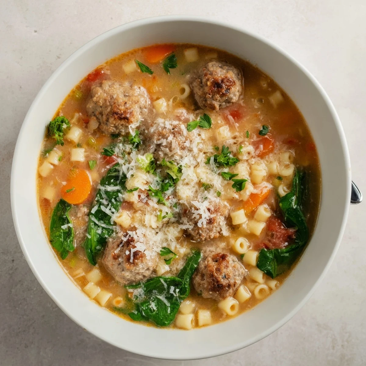 Top-down view of Creamy Italian Meatball Soup served in a rustic bowl, steam rising from the creamy tomato and vegetable broth with grated Parmesan.
