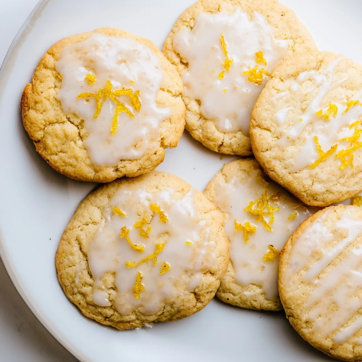 Glazed Limoncello Cookies arranged on a white plate with lemon zest garnish and a glass of Limoncello liqueur beside them.