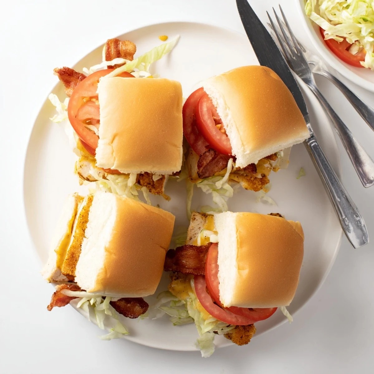 A close-up shows tender chicken drizzled with tangy honey mustard sauce, stacked with crunchy lettuce and a golden slider bun.