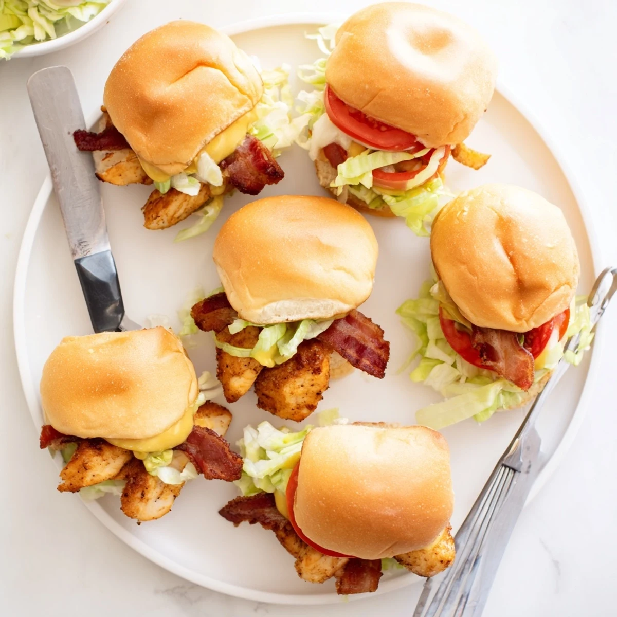 Freshly toasted slider buns cradle layers of crispy bacon, juicy chicken, and ripe tomato slices in this Honey Mustard BLT Chicken Sliders recipe.