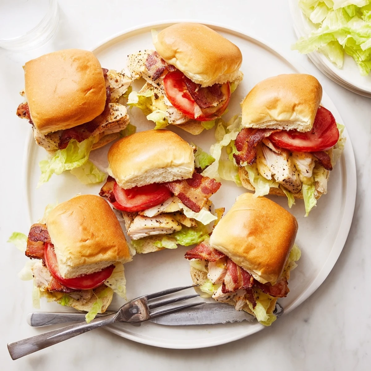 Serve these Honey Mustard BLT Chicken Sliders on a platter for game day, featuring melted butter toasted buns and crisp bacon.