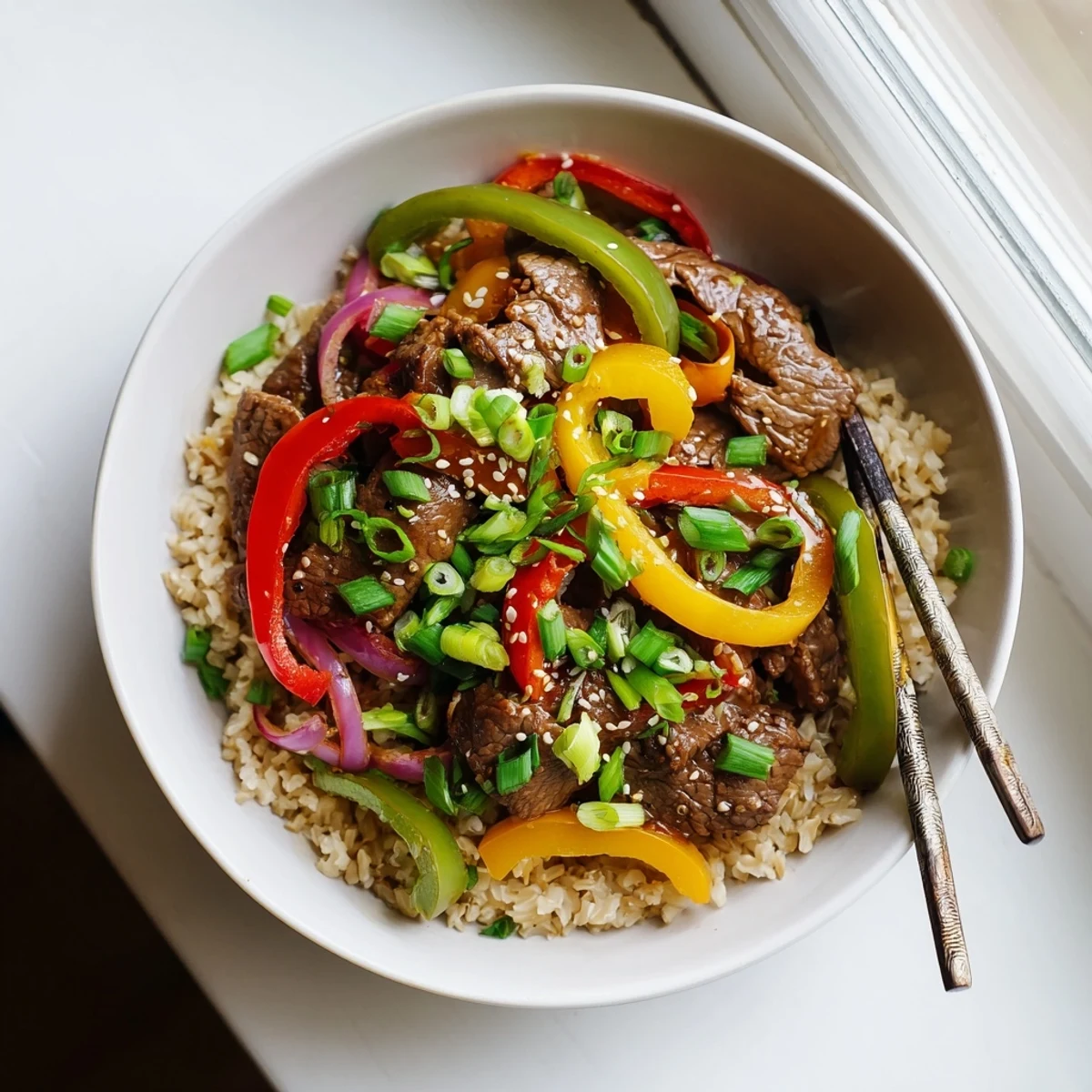 Protein-packed Healthy Beef and Pepper Rice Bowl featuring tender beef strips over fluffy brown rice