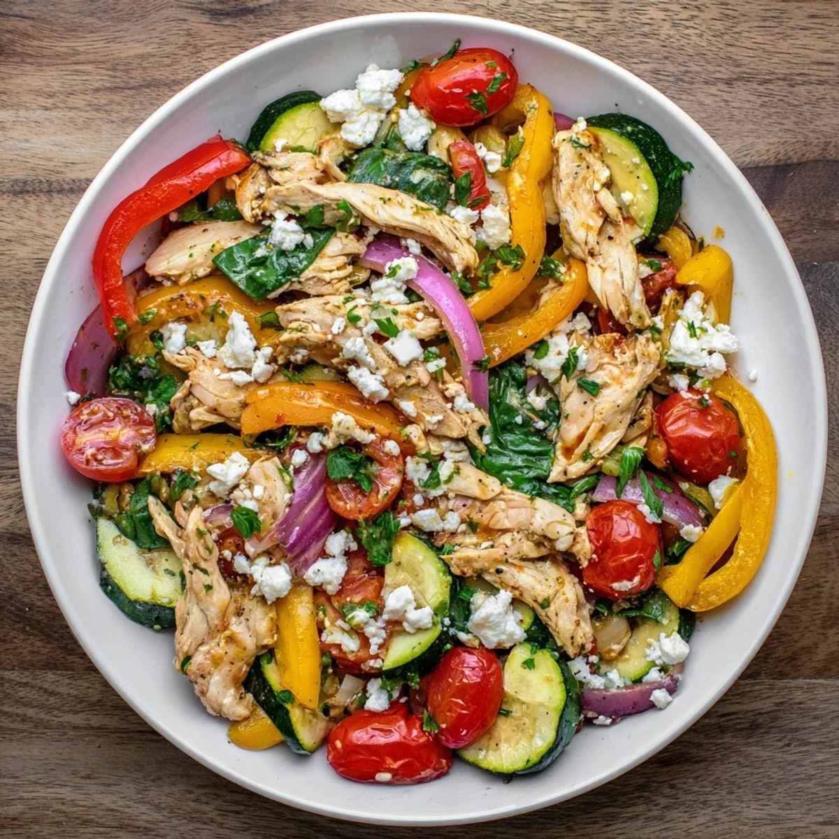 Golden seared chicken breast with colorful bell peppers and zucchini in a Mediterranean chicken stir fry