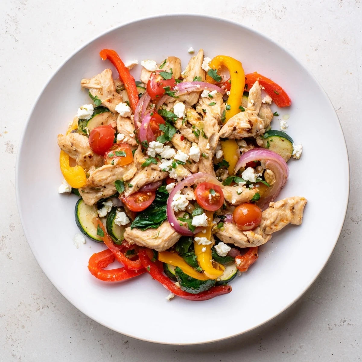 Healthy Mediterranean chicken stir fry plated with crumbled feta and fresh parsley garnish