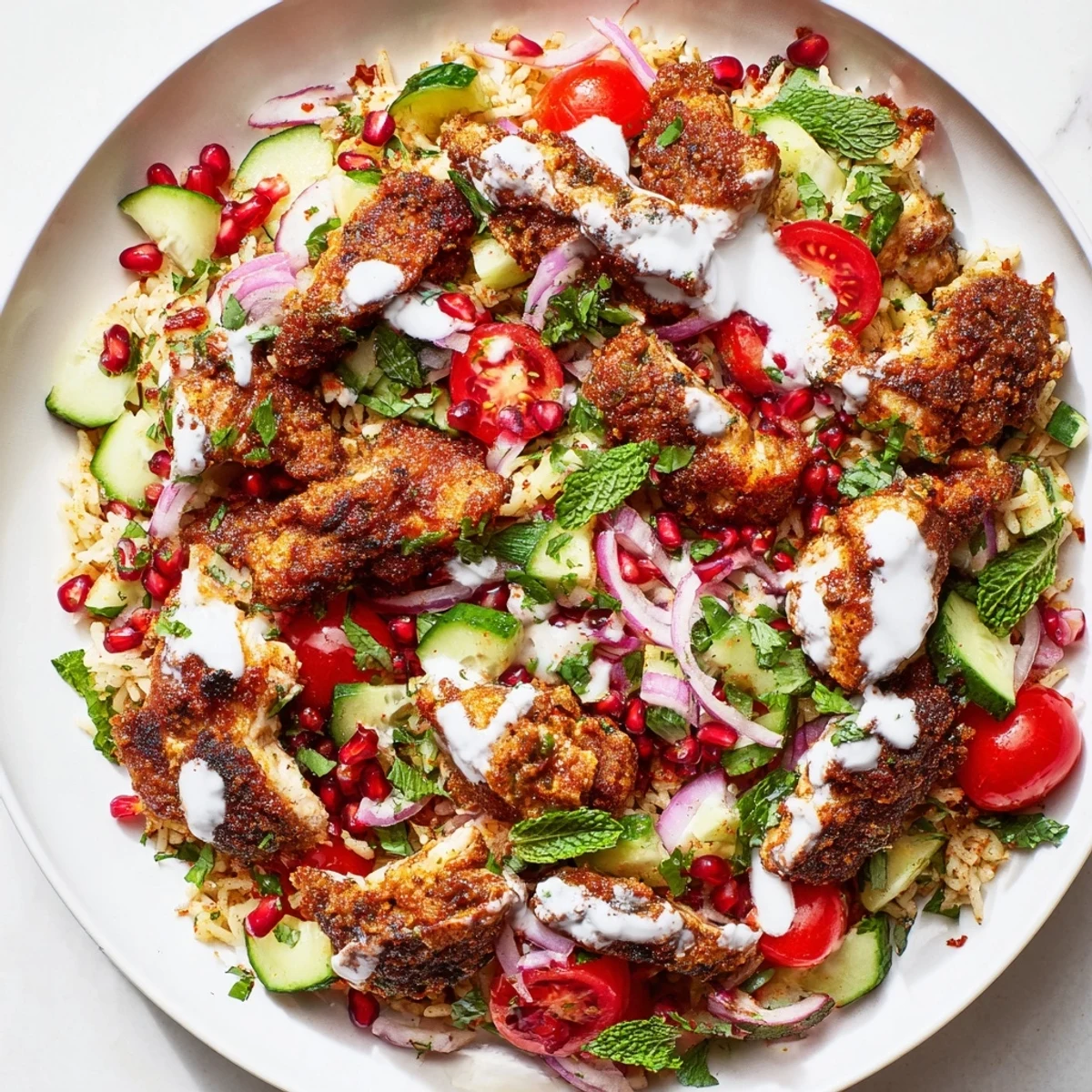 Vibrant chicken shawarma crispy rice salad topped with creamy yogurt-tahini dressing and fresh herbs