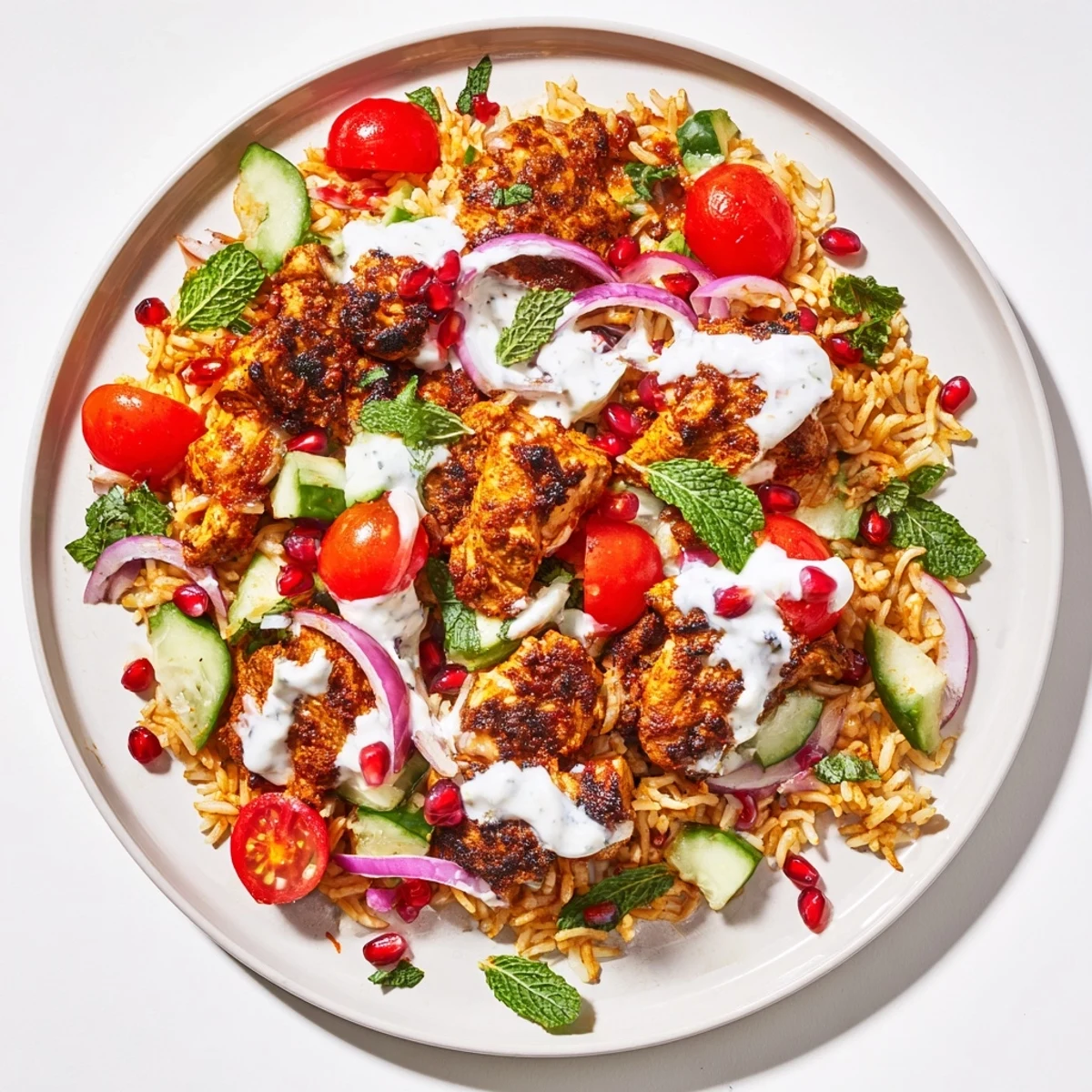 Colorful bowl featuring aromatic shawarma-spiced chicken, crunchy rice, and pomegranate seeds with tangy dressing