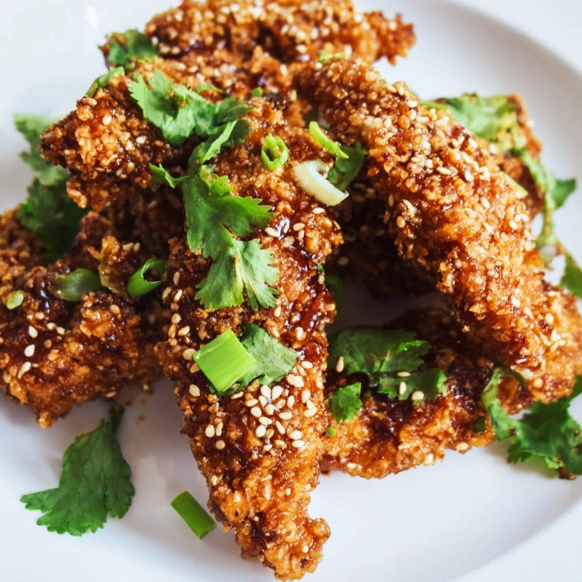 Golden crispy Thai sticky chicken fingers glazed with sweet spicy red sauce and garnished with sesame seeds and green onions