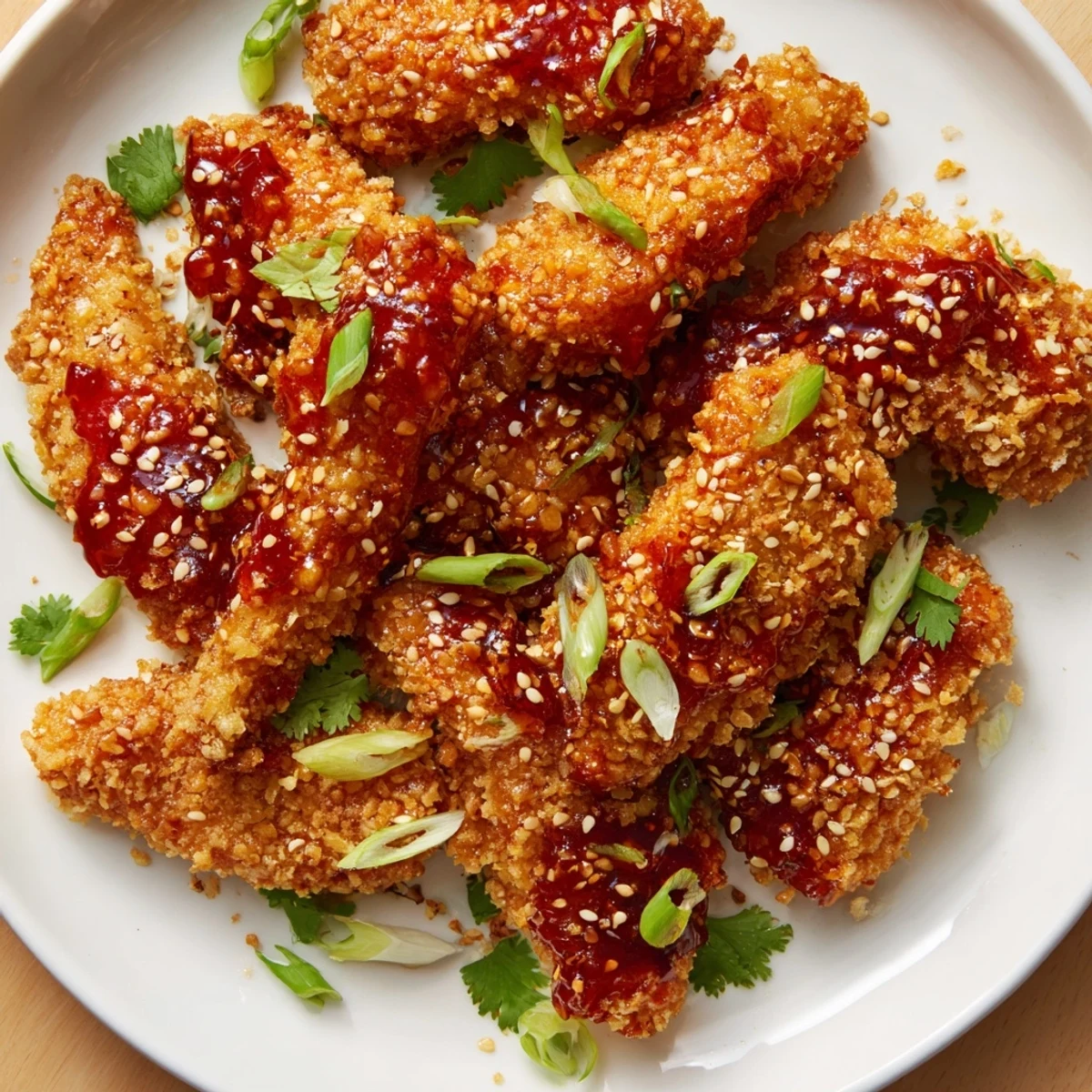 Plate of Thai sticky chicken fingers showcasing caramelized sticky sauce coating over golden brown crispy fried chicken strips