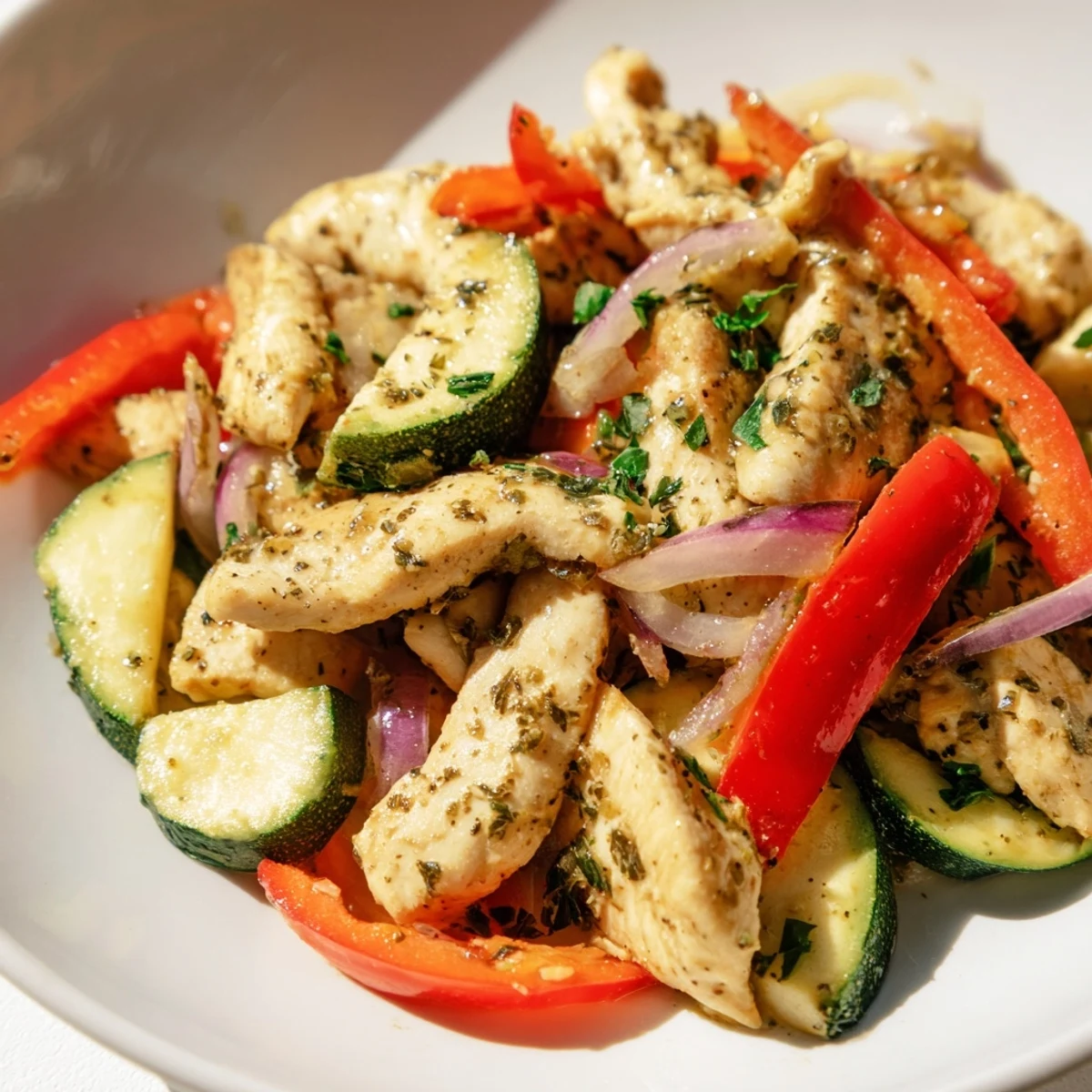 Golden chicken strips stir-fried with colorful bell peppers and zucchini in this Mediterranean chicken stir fry