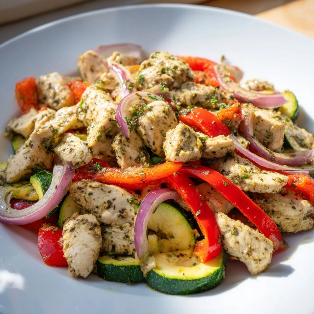 Sizzling skillet of Mediterranean chicken stir fry garnished with fresh parsley and served with lemon wedges